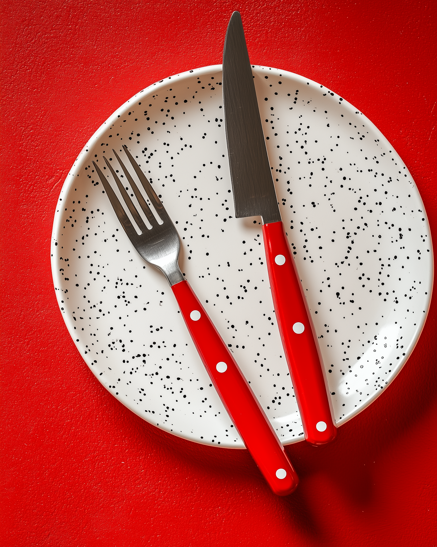 Red and White Cutlery on Speckled Plate