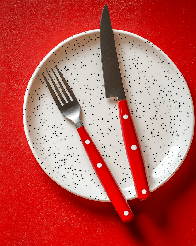 Red and White Cutlery on Speckled Plate