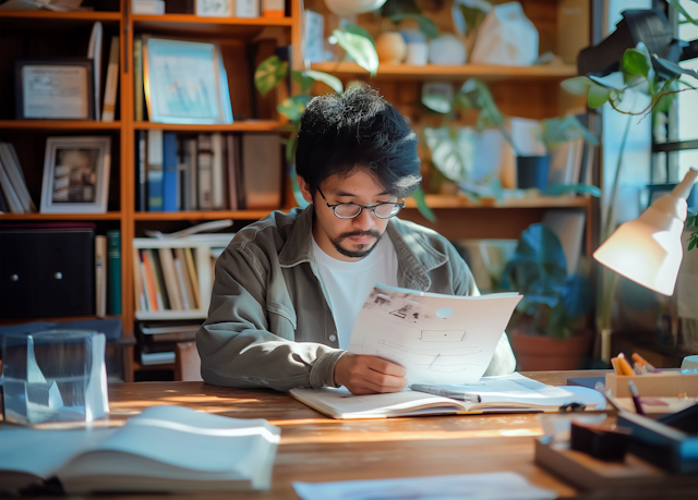 Man Reading Document at Desk