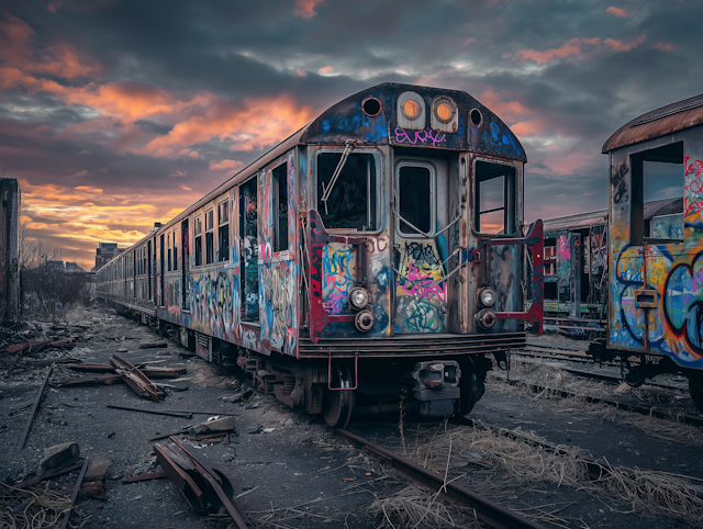 Abandoned Train with Graffiti at Sunset