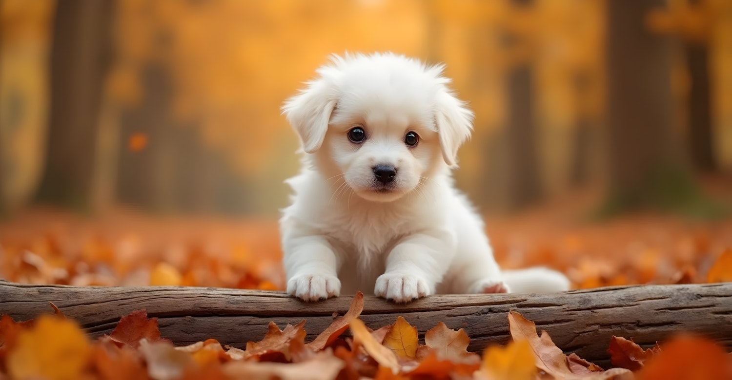 Fluffy White Puppy in Autumn Leaves