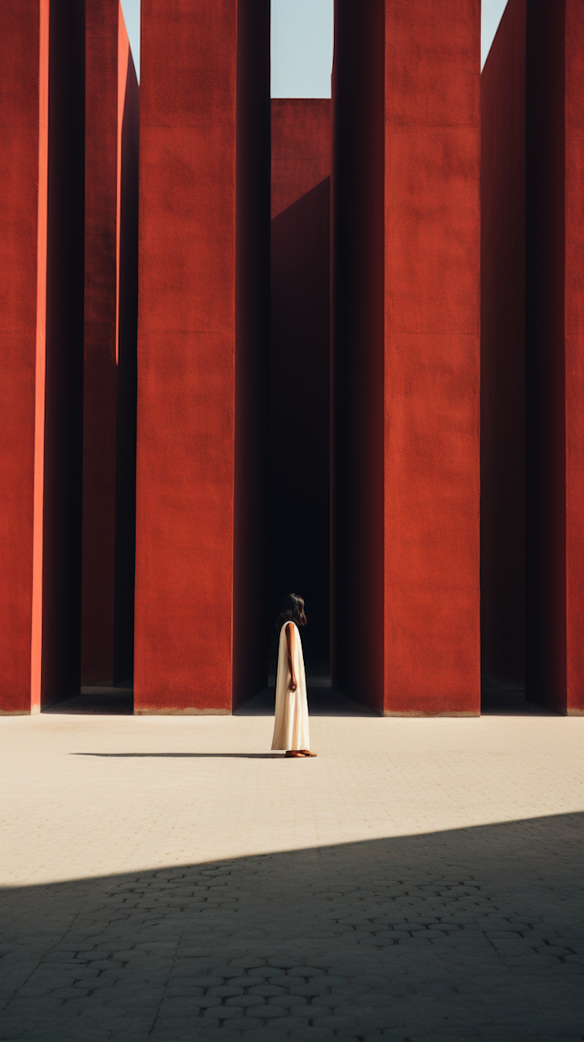 Contemplative Solitude Amidst Red Pillars