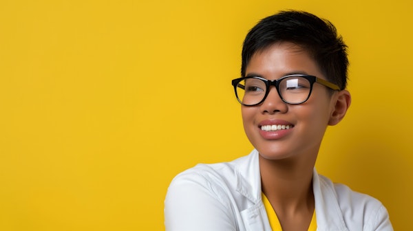 Person with Black-Framed Glasses on Yellow Background