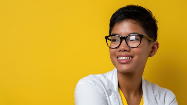 Person with Black-Framed Glasses on Yellow Background