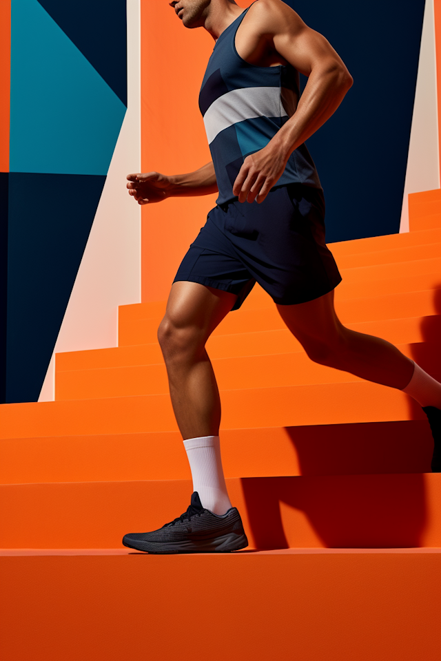 The Ascent of the Athletic Man on Vibrant Orange Stairs