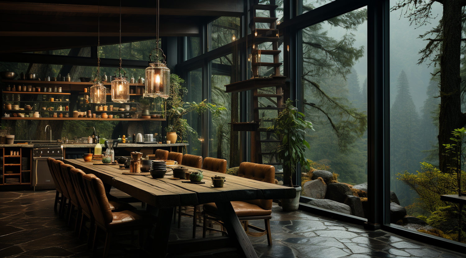 Tranquil Forest-View Kitchen and Dining