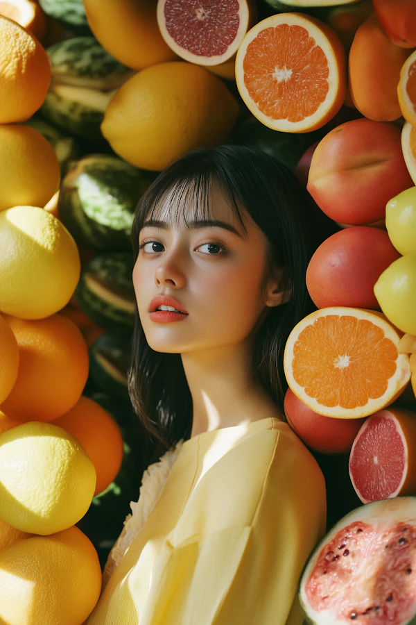 Serene Woman with Citrus Fruits