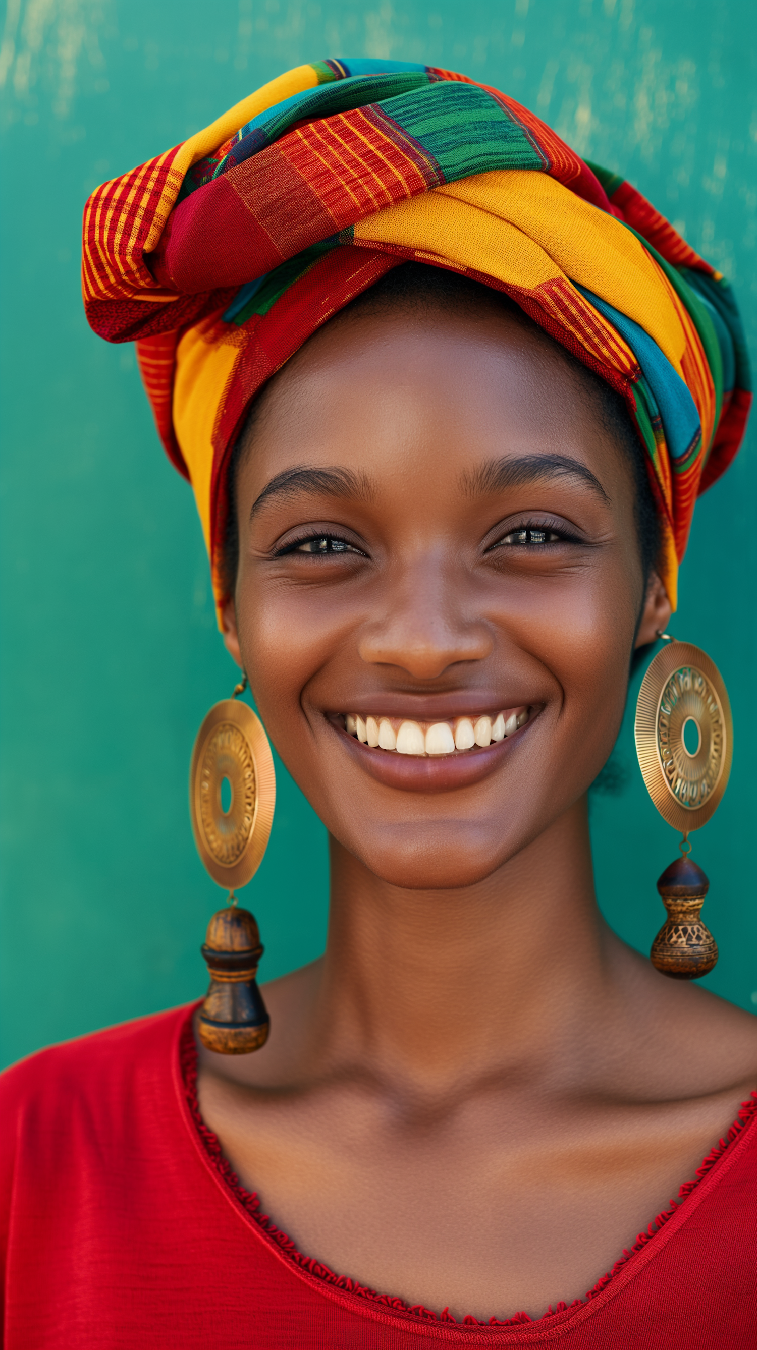 Smiling Woman with Multicolored Headwrap