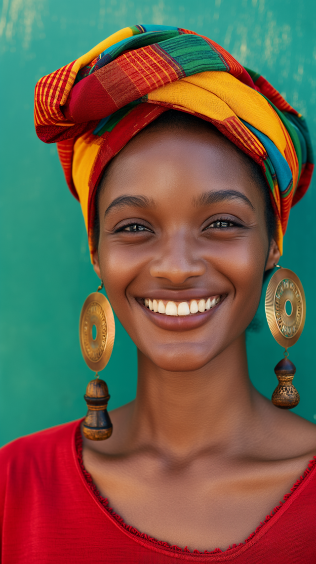 Smiling Woman with Multicolored Headwrap