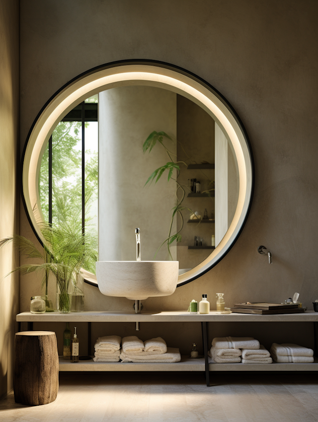 Tranquil Modern Bathroom Vanity with Circular Illuminated Mirror