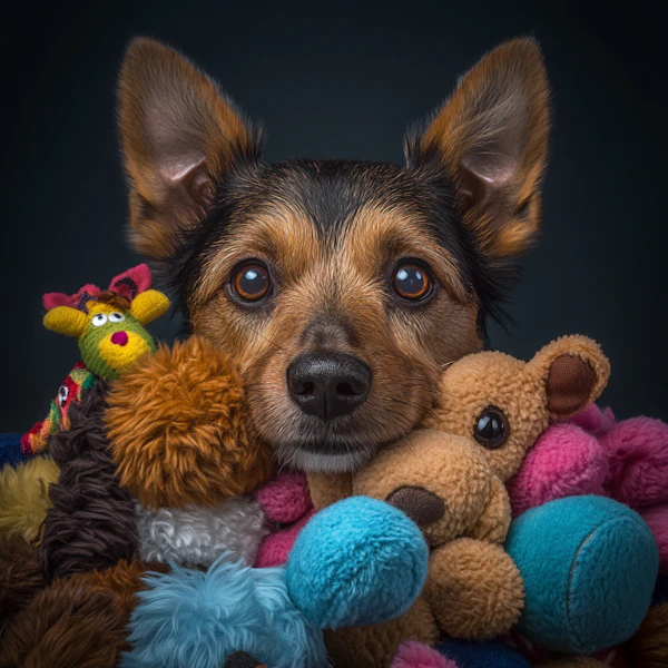 Dog with Plush Toys