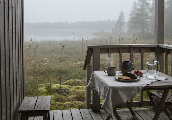 Misty Lake Porch Scene
