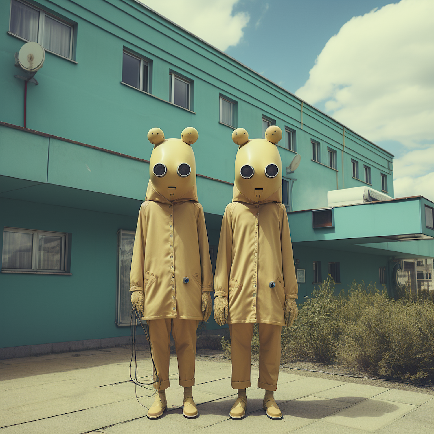 Matching Outfits with Cartoonish Helmets in Front of Teal Building