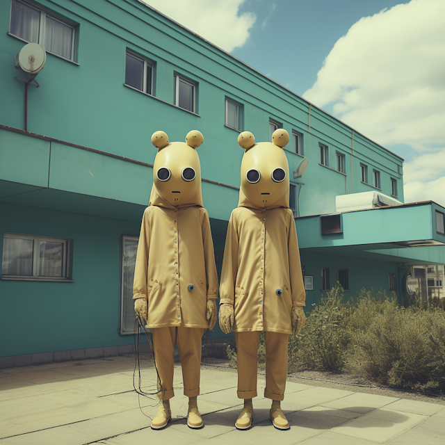 Matching Outfits with Cartoonish Helmets in Front of Teal Building