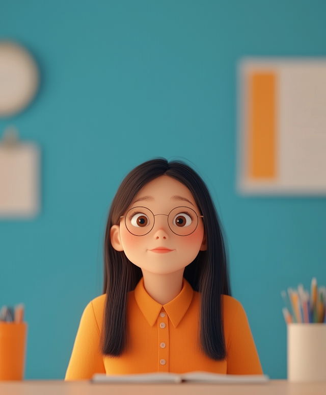 Cartoon Girl at Desk