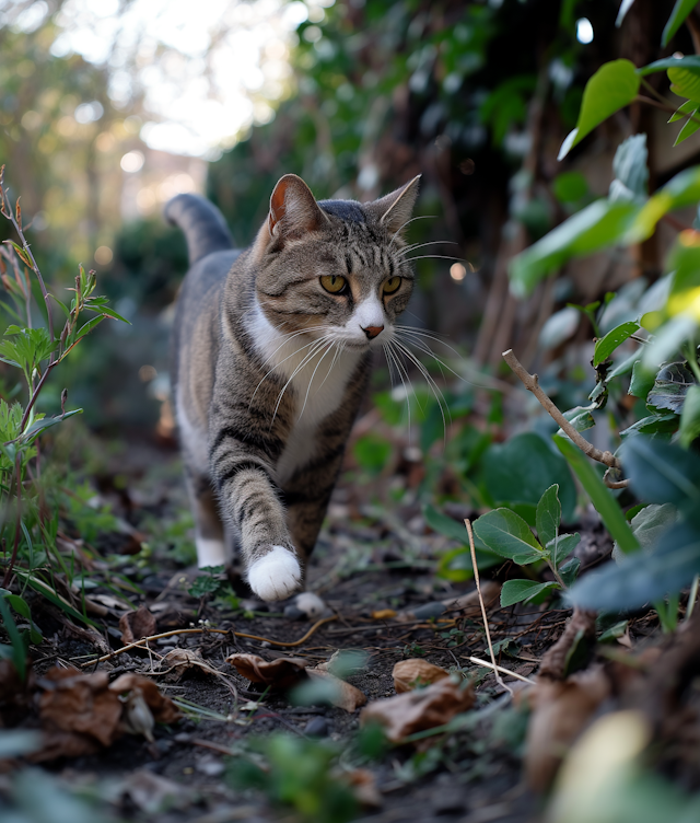 Focused Tabby Cat in Outdoor Setting