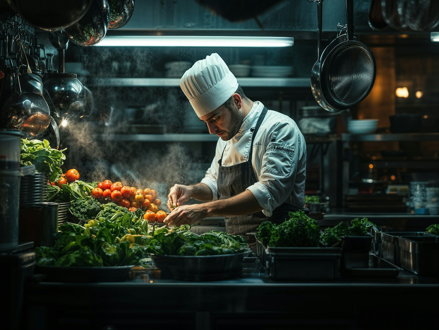 Chef Preparing Vegetables in Professional Kitchen