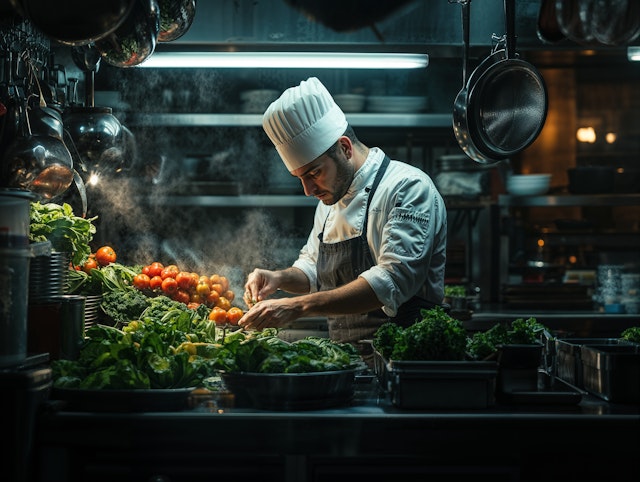 Chef Preparing Vegetables in Professional Kitchen