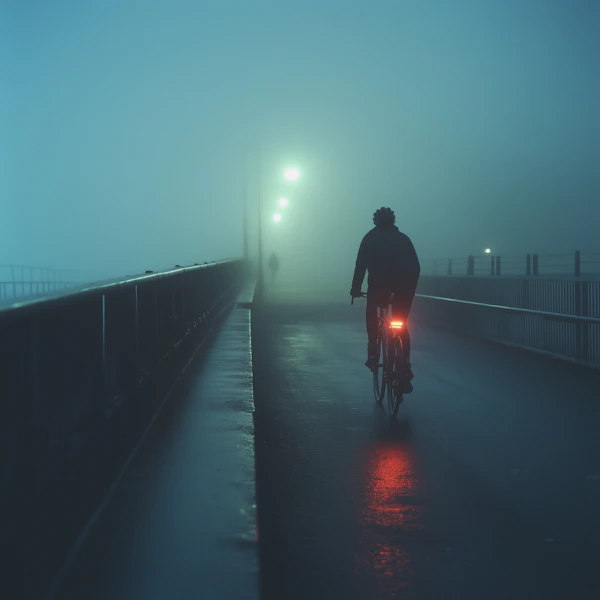 Cyclist on Foggy Bridge