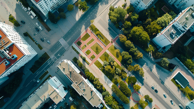 Aerial View of Urban Crossroad and Park