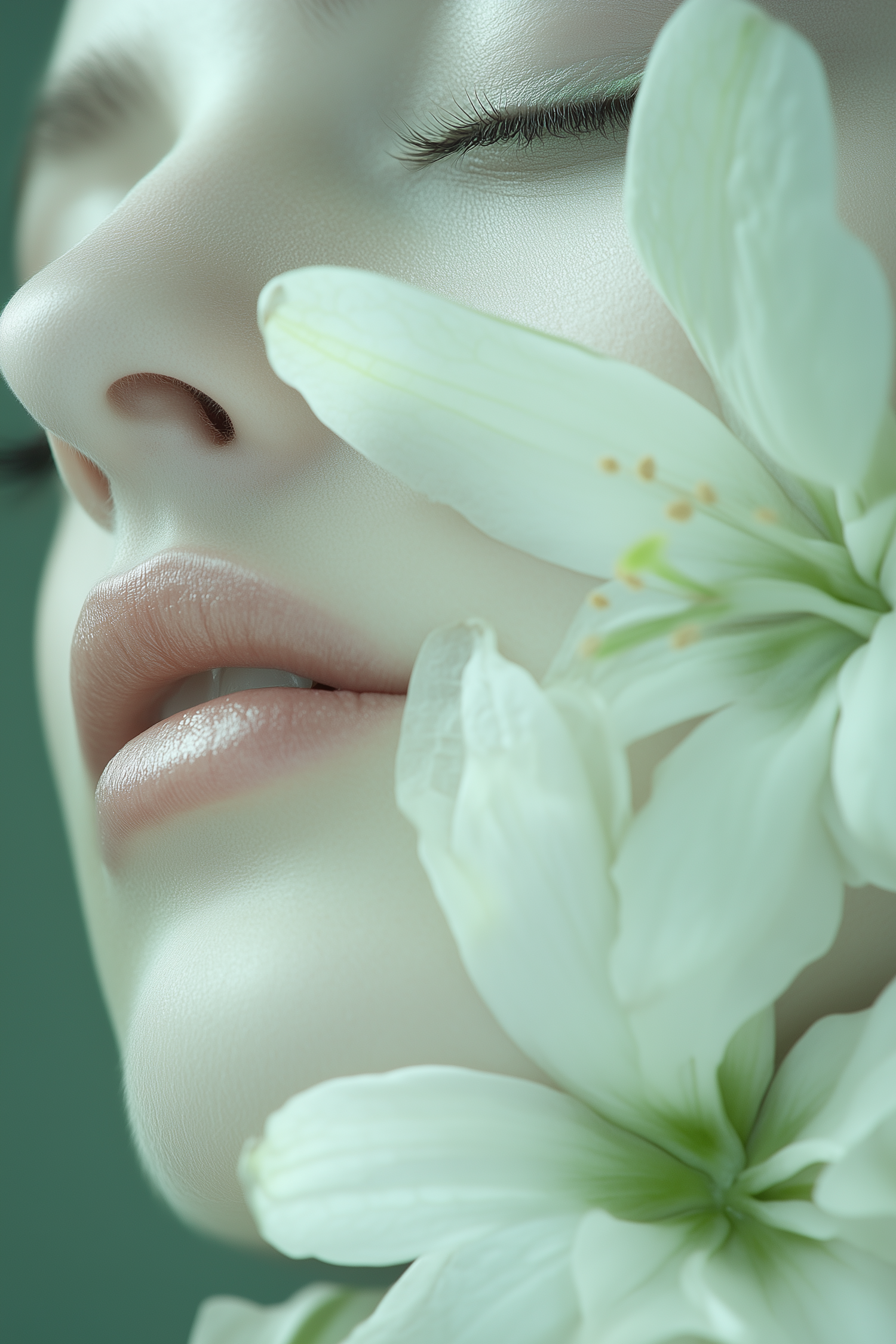 Serene Face with White Lilies