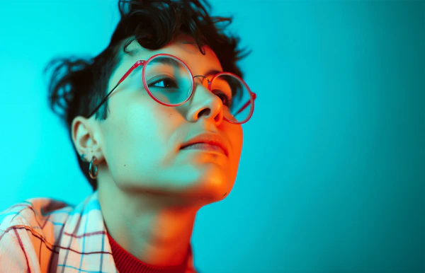 Contemplative Portrait with Color Contrast