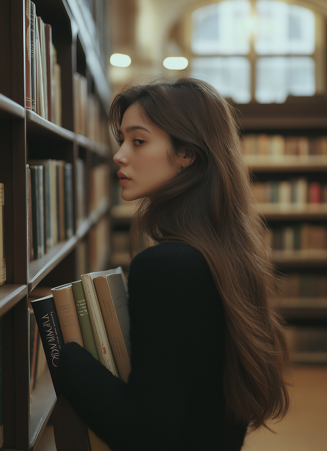 Contemplative Woman in Library