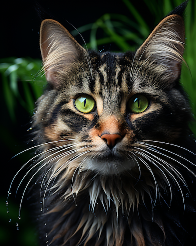 Emerald Gaze Amidst Rain-Kissed Whiskers