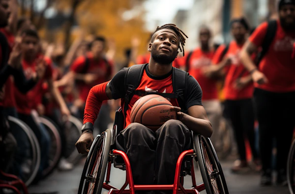 Determined Wheelchair Athlete with Basketball Team