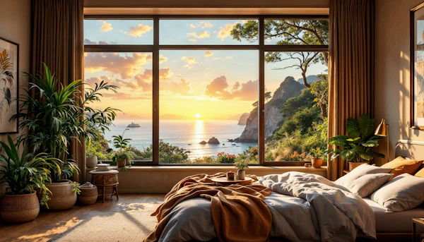 Serene Coastal Bedroom at Sunset