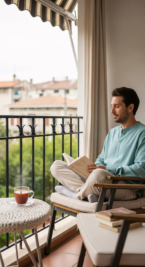 Man Reading on Balcony