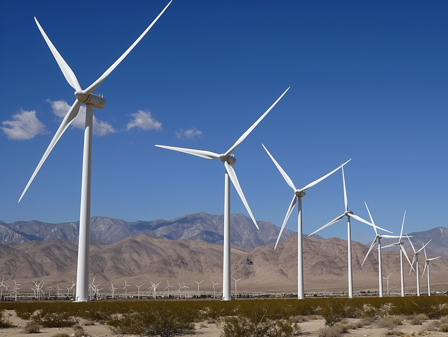 Modern Wind Turbines Against Blue Sky