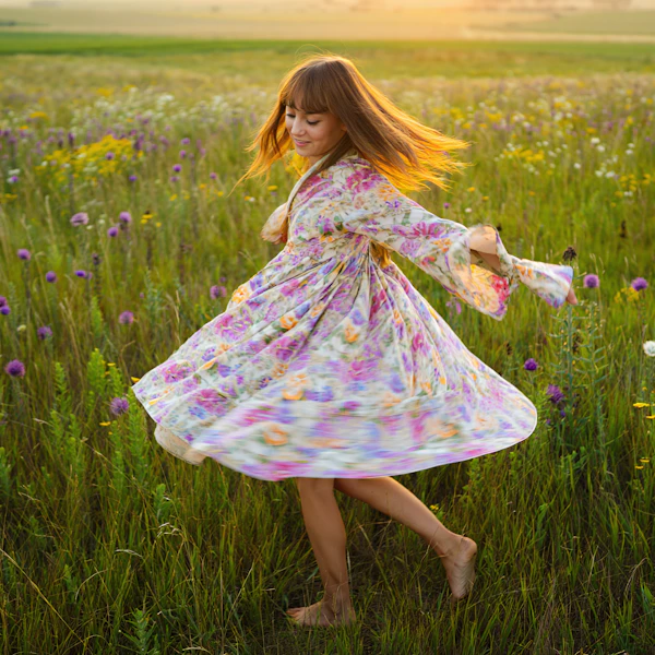 Woman Dancing Barefoot in a Meadow of Wildflowers