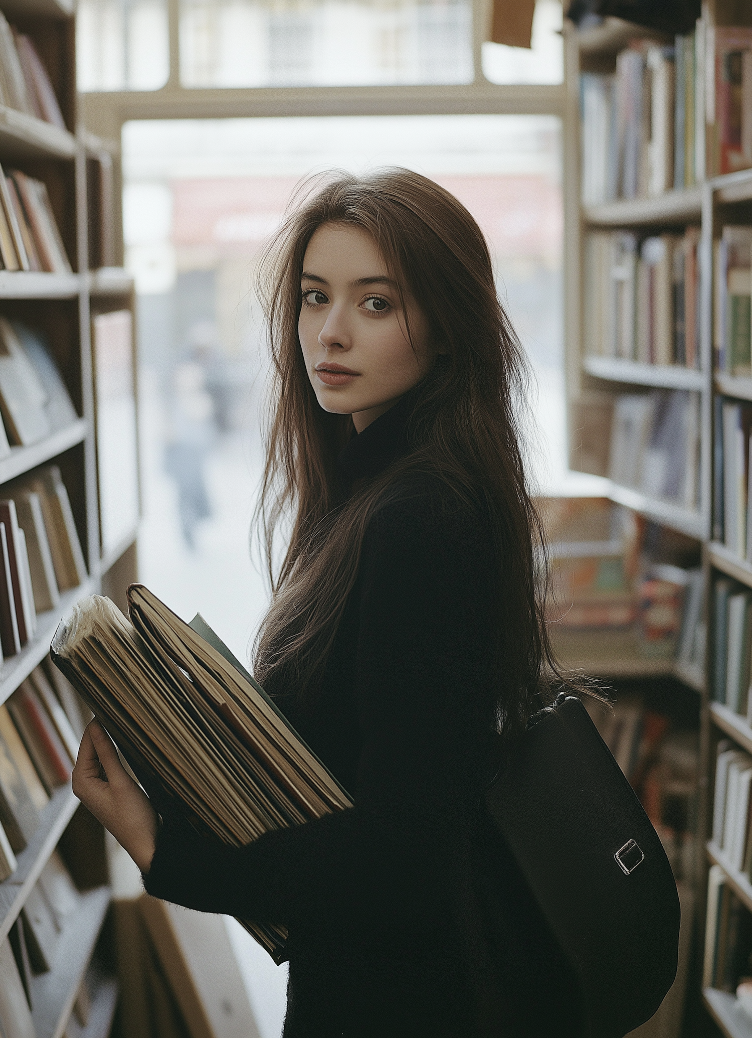 Woman in Library with Books