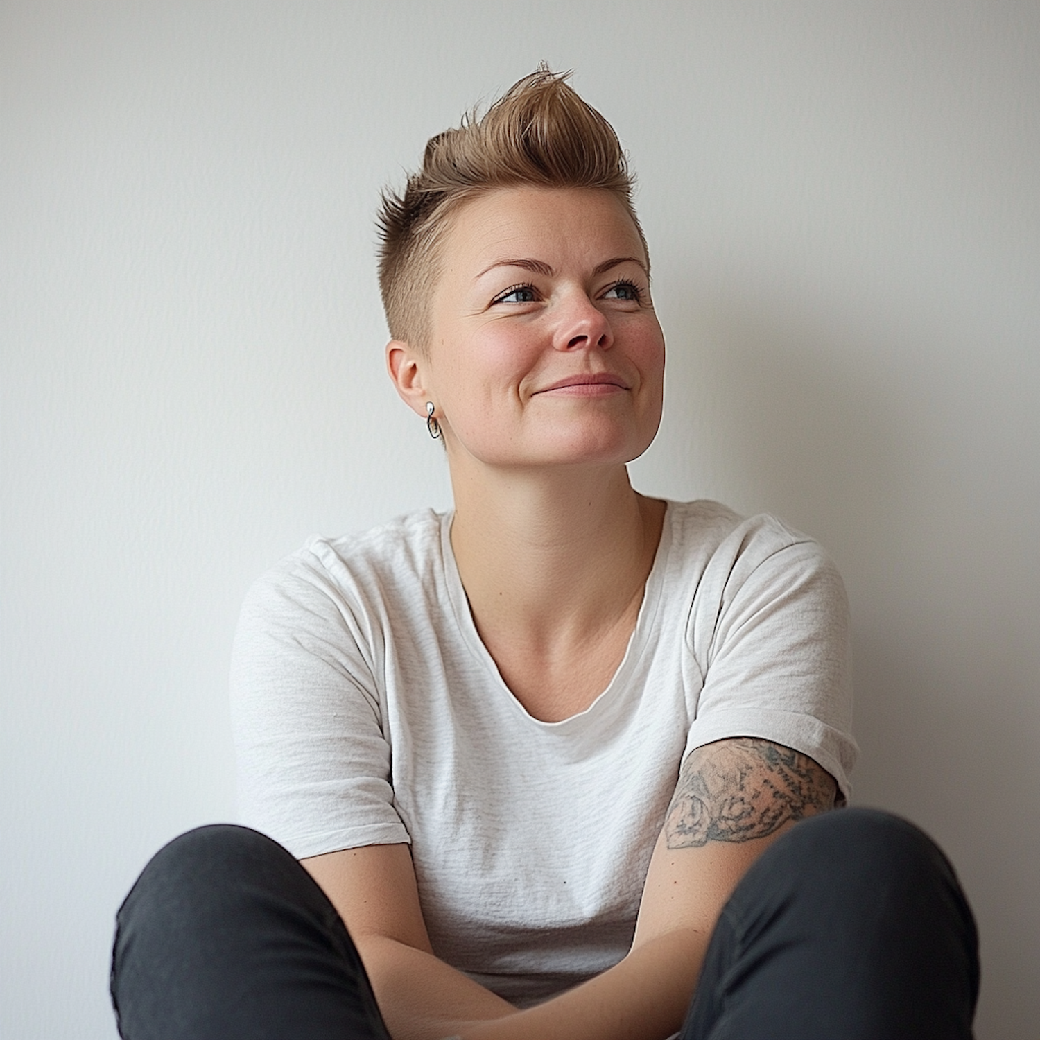 Cheerful Woman with Short Blonde Hair and Tattoo