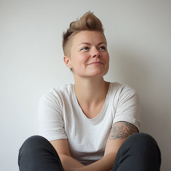 Cheerful Woman with Short Blonde Hair and Tattoo
