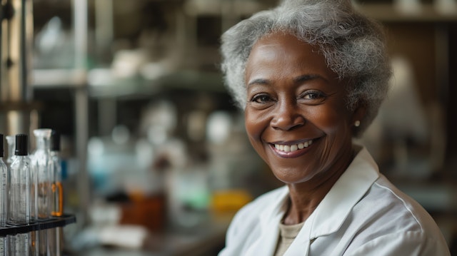 Smiling Older Woman in Lab Coat