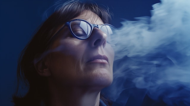 Contemplative Woman in Blue amidst Swirling Smoke