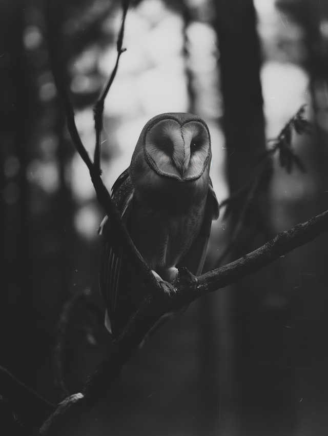 Monochrome Owl Perched on Branch