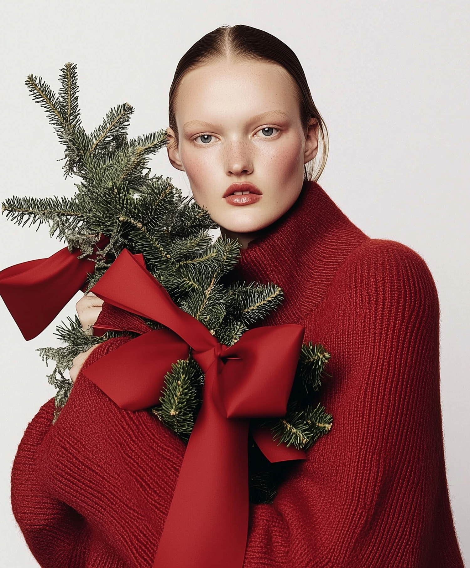 Festive Portrait with Evergreen Branch