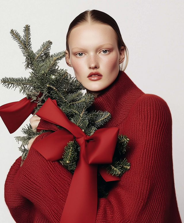 Festive Portrait with Evergreen Branch