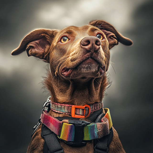 Close-up of a Brown Dog with Rainbow Harness