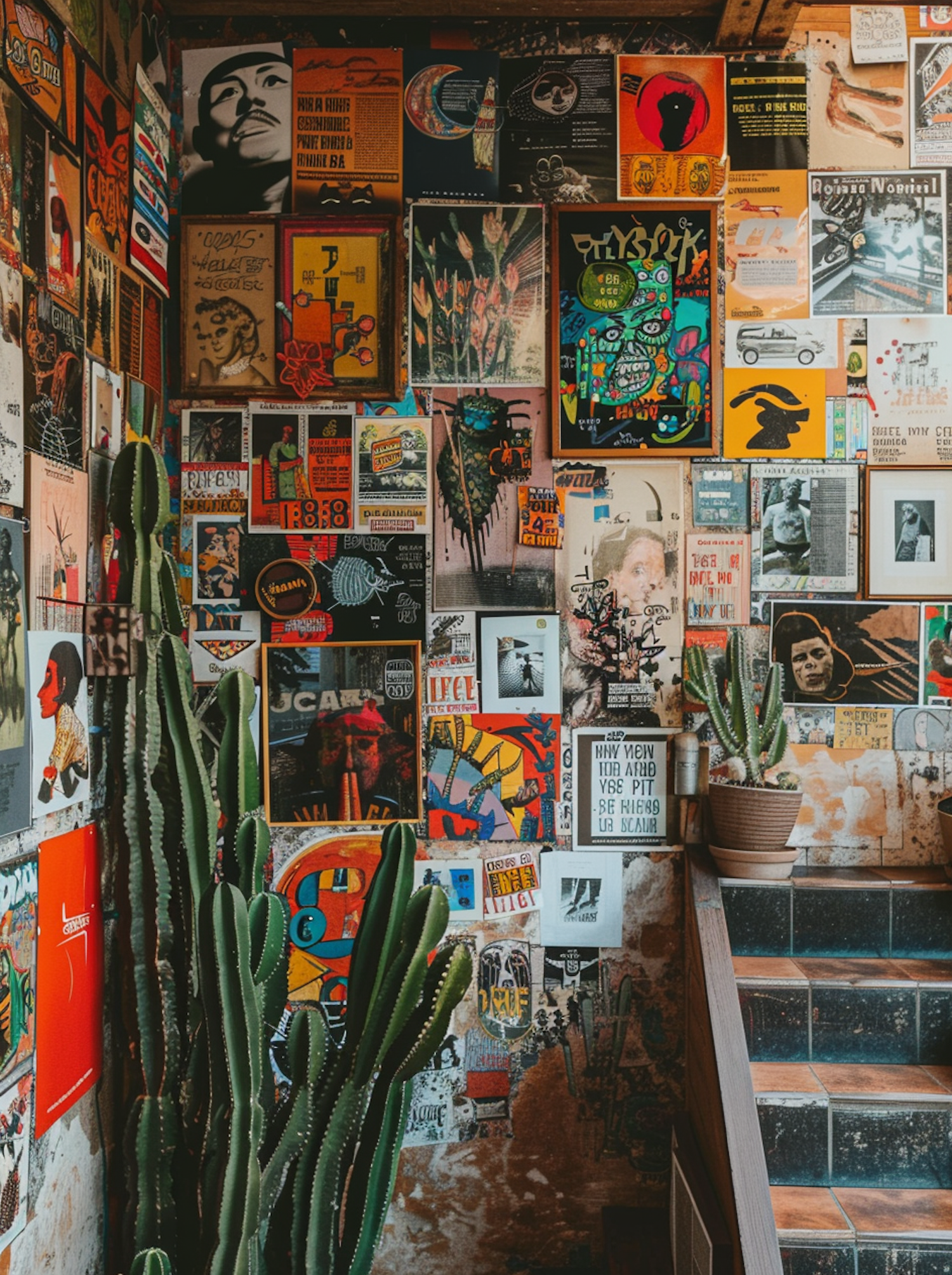 Eclectic Interior Wall with Posters and Cacti