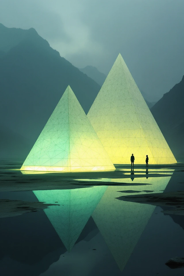 Glowing Pyramids in Misty Landscape