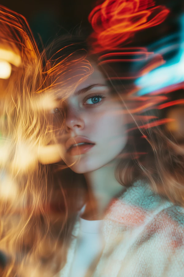 Contemplative Woman with Light Trails