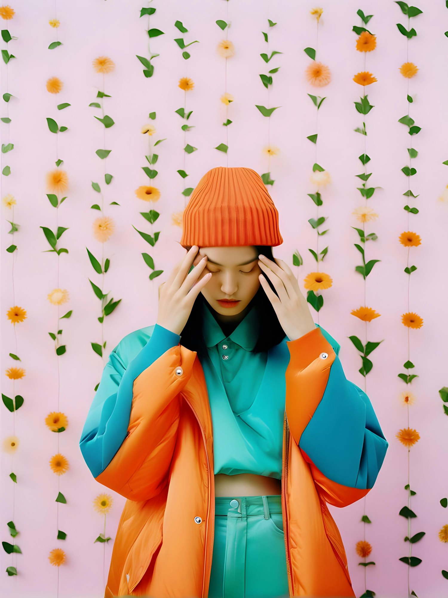 Contemplative Woman in Vibrant Outfit