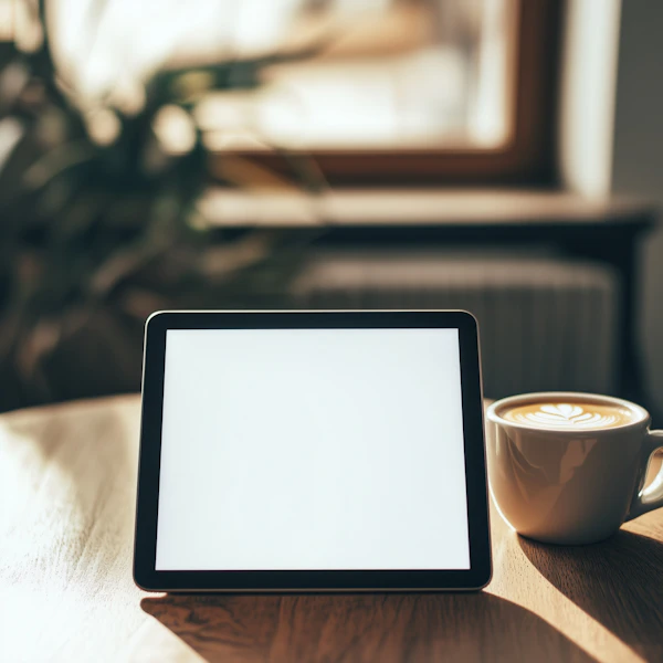 Tablet and Coffee on Wooden Table
