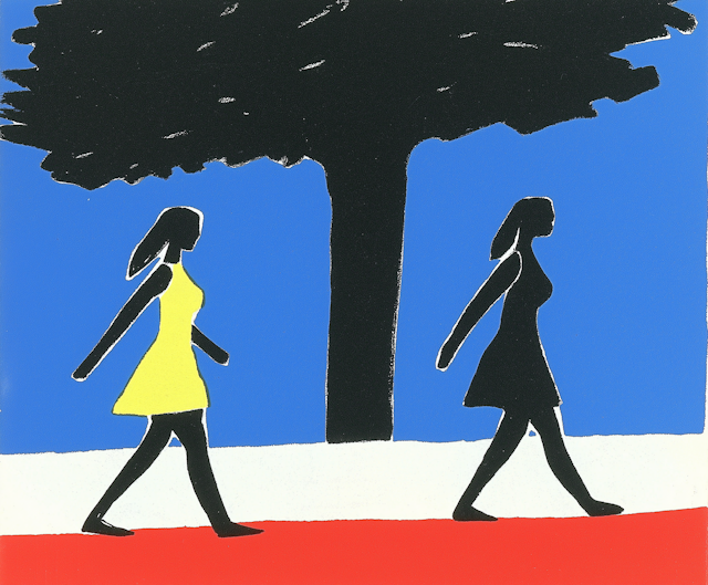 Stylized Female Figures with Tri-Color Background