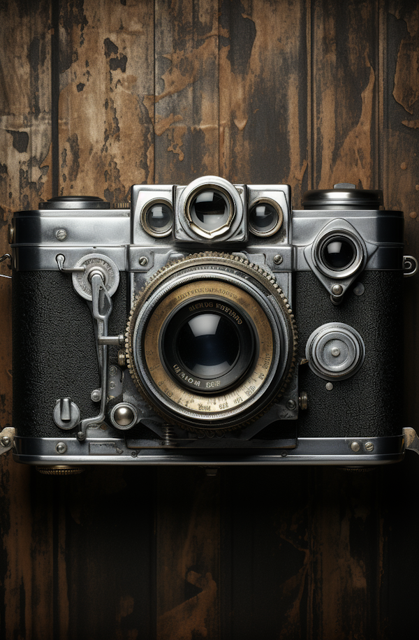 Vintage Rangefinder Camera on Rustic Backdrop