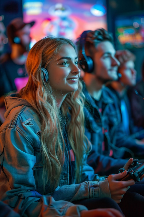 Young Woman Playing Video Game in Arcade